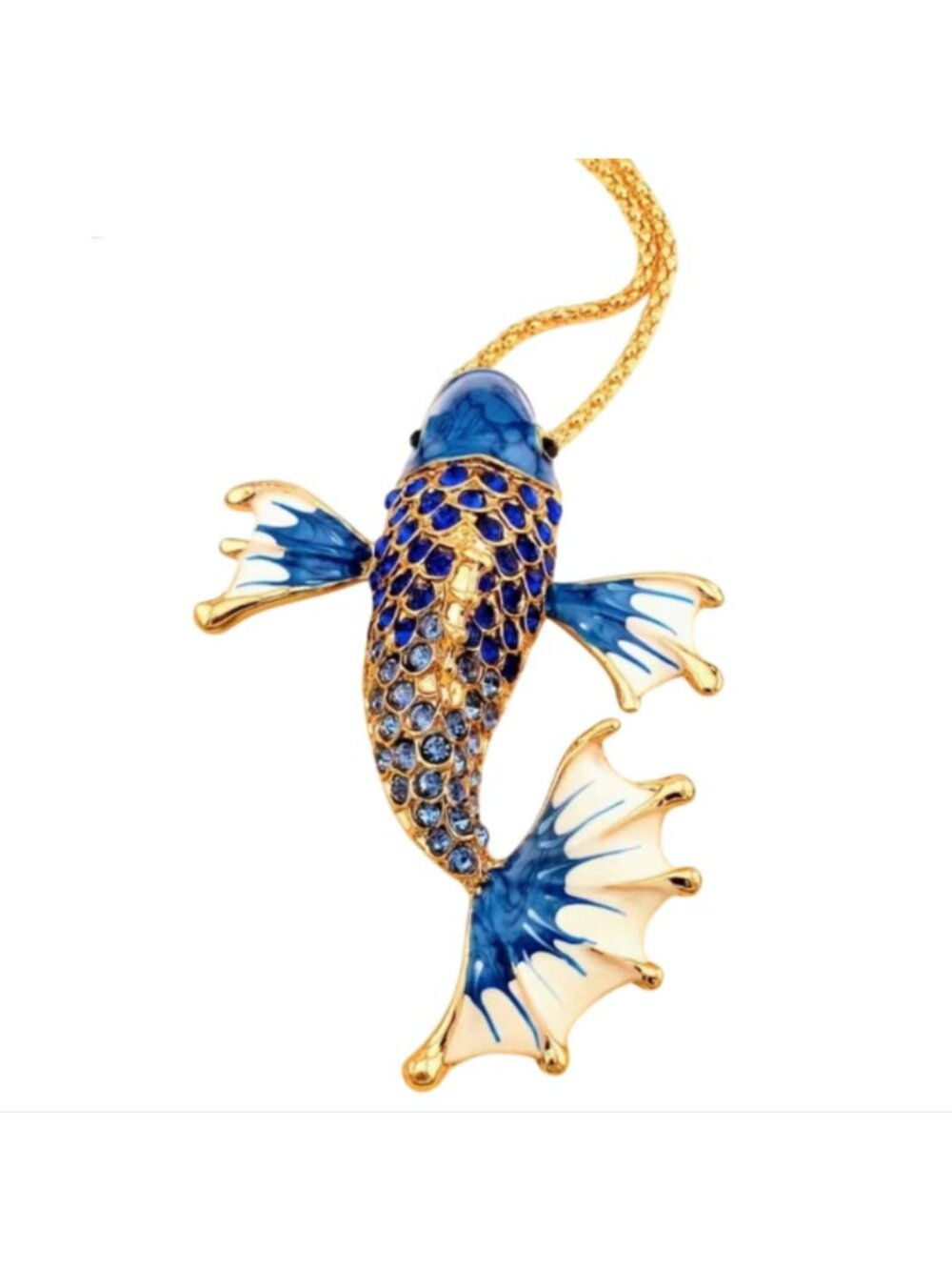 Blue Crystal Koi Fish Pendant Necklace Gold Tone